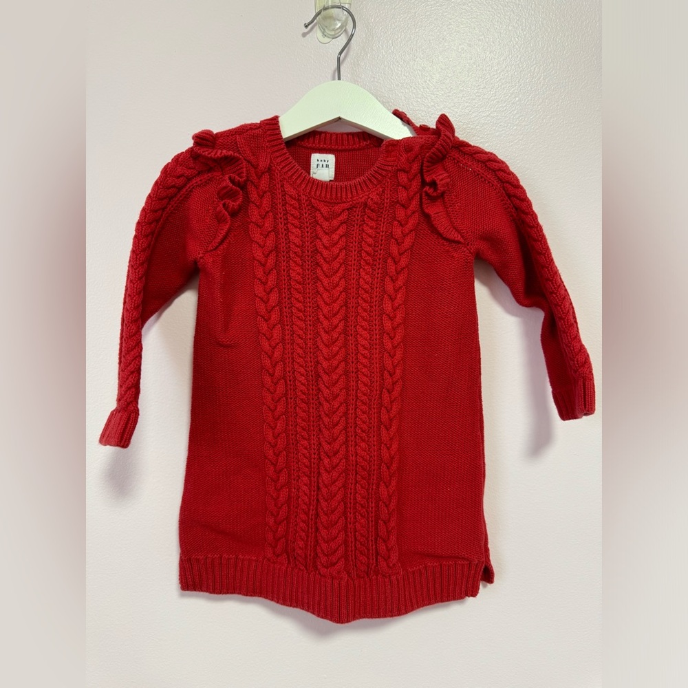 Red sweater dress with falbala details